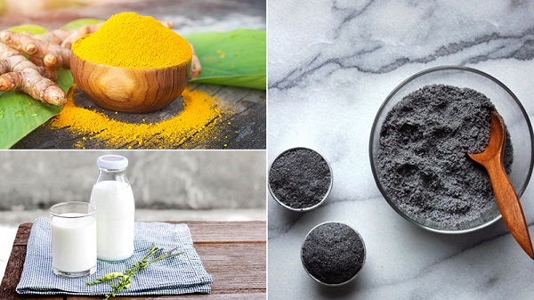 Mặt than hoạt tính, bột nghệ và sữa tươi